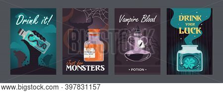 Potion Posters Set. Magic Bottles With Witchcraft Drinks Or Vampire Blood Vector Illustrations With 