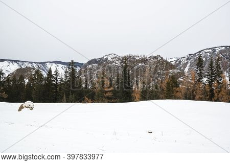 View Of Ulagan Highlands In Altay Mountains In The Winter, Siberia, Russia