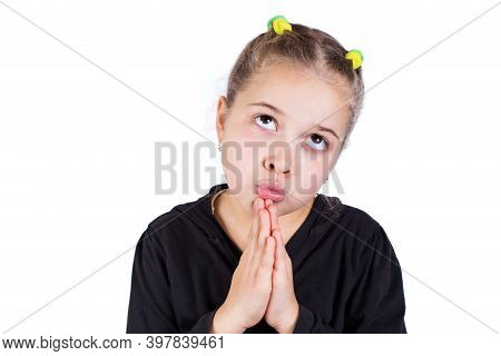 Little Girl Make A Wish. Girl Praying About Her Wish.