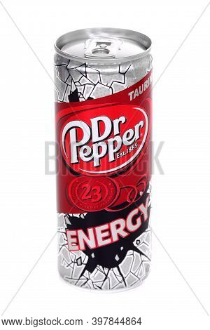 Novyy Urengoy, Russia - November 28, 2020: Aluminium Can Of The Dr Pepper Energy Isolated Over White