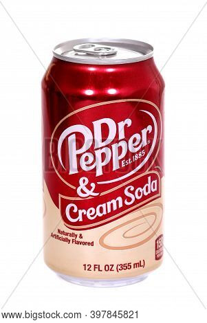 Novyy Urengoy, Russia - November 28, 2020: Aluminium Can Of The Dr Pepper Cream Soda Over White Back