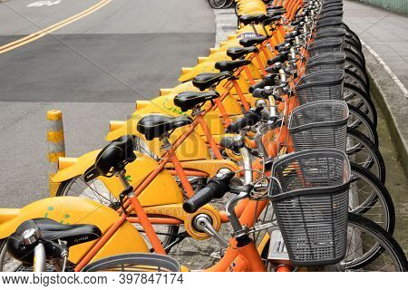 New Taipei city, Taiwan - June 14th, 2020: Ubike, a bike sharing system service used by citizens as short-distance transit vehicles at street in New Taipei city, Taiwan