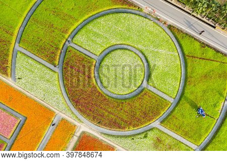 Daxi, Taiwan - November 14th, 2019: aerial view of garden in Daxi event of Taoyuan Flower Festival in Taoyuan, Taiwan, Asia