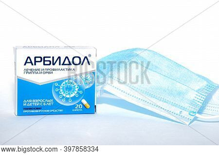 Medical Disposable Mask And Arbidol Medical Product Umifenovir Is Russian Antiviral Drug Without Pro