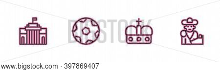 Set Line Prado Museum, Crown Of Spain, Football Ball And Bullfight, Matador Icon. Vector