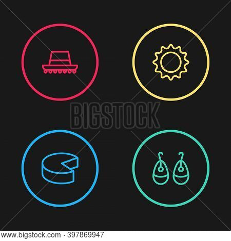 Set Line Cheese, Earrings, Sun And Spanish Hat Icon. Vector