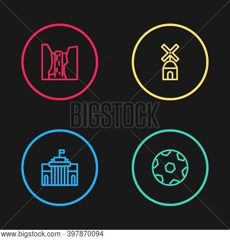 Set Line Prado Museum, Football Ball, Windmill And Algar Waterfall Icon. Vector