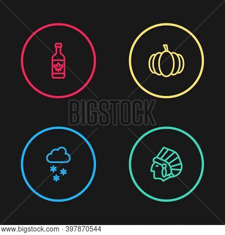Set Line Cloud With Snow, Native American Indian, Pumpkin And Beer Bottle Icon. Vector