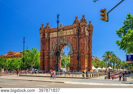 Barcelona, Spain, June 11, 2017: Arc De Triomf Or Arco De Triunfo Is Triumphal Arch In Barcelona Cit
