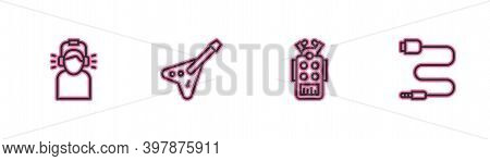 Set Line Man In Headphones, Microphone, Electric Bass Guitar And Audio Jack Icon. Vector