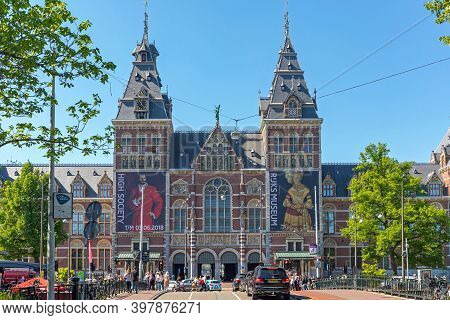 Amsterdam, Netherlands - May 15, 2018: Rijksmuseum Dutch National Museum Of Arts And History Street 