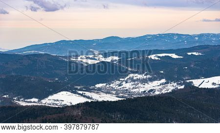 Winter Landscape Of Beskid Sadecki Mountain Range Near Krynica Zdroj, Poland