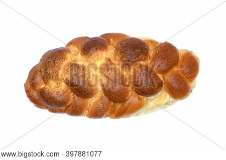 Top View Of Traditional Sweet Braided Yeast Bread Called - Zopf, Challah, Petticoat Or Brioche On Wh