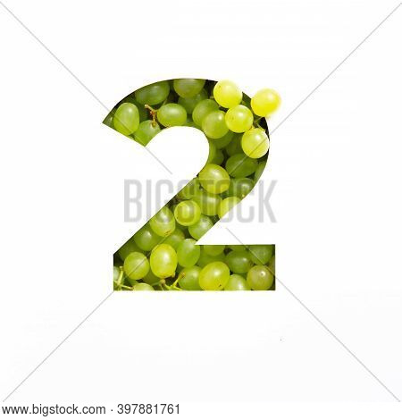 Number Two Made Of Green Grape And Paper Cut In Shape Of Second Numeral Isolated On White. Typeface 