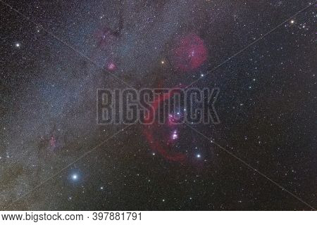 Constellation Of Orion With H-alpha Colors And Part Of The Milky Way With Red Nebulae