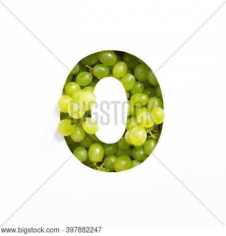 Number Zero Made Of Green Grape Berries And Paper Cut Null Shape Isolated On White. Natural Fresh Ty