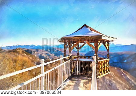 Wooden Pavilion With Scenery Mountains View, Caucasus Colorful Painting Looks Like Picture.