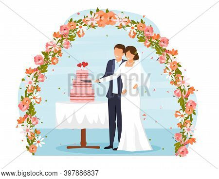 Cute Wedding Couple Of Bride And Groom. Wedding Day, Holiday, Event, Date. Beautiful Happy Man And W
