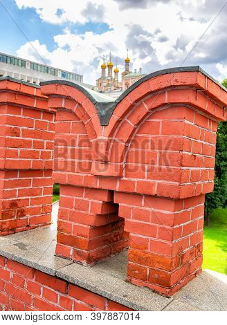 Element Of The Fortress Wall Of The Moscow Kremlin In The Form Of A Dovetail Made From Red Bricks. F