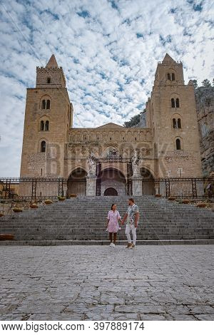 Cefalu, The Medieval Village Of Sicily Island, Province Of Palermo, Italy. Europe, A Couple On Vacat