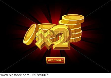 Vector Icon Of Gold Coins Doubling Bonus.