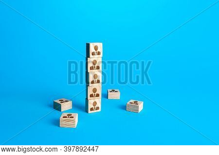 Block Tower With People. Hierarchical System. Company Organization. Hiring, Recruiting. Team Buildin