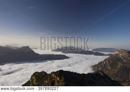 Fog Sea On A Sunny Day Seen From The Swiss Mountain Rophaien