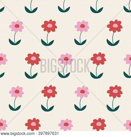 Cream, Red, And Pink Daisy Geometric Polka Dot Seamless Repeating Pattern