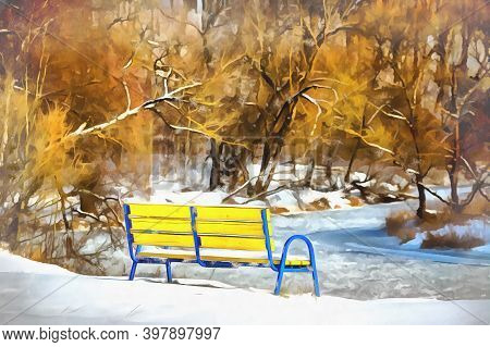 Beautiful Winter Landscape With Frosen River And The Bench Snowy Scene