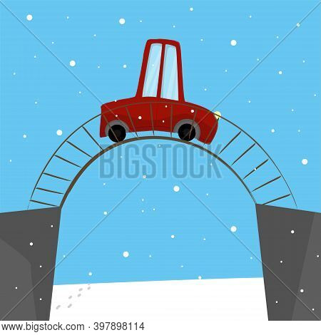 Cartoon Car Moving On The Bridge Across The River In Winter. Christmas Time. Romantic Weather. Cozy 