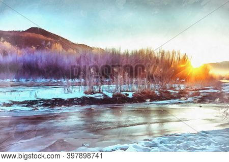 Beautiful Sunny Winter Landscape At Caucasus Mountains At Sunrise Time
