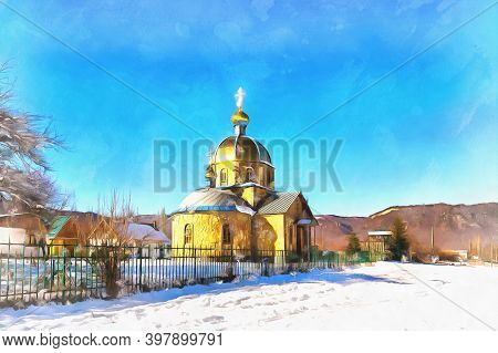 Beautiful Winter Landscape With Orthodox Church Colorful Painting Looks Like Picture.