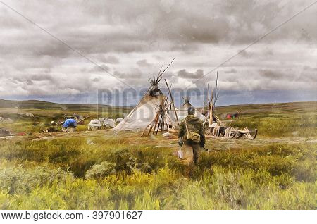 Reindeer Nomads Traditional Camp At Polar Urals