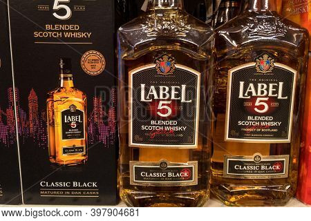 Belgrade, Serbia - November 15, 2020: Label 5 Whisky Logo On Some Bottles For Sale. Label 5 Is A Bra
