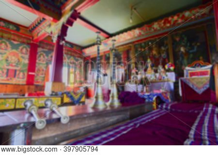 Blurred Image Of Rinchenpong, Sikkim, India. Musical Instruments Stored In The Prayer Room, In The P