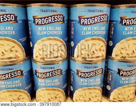 Wilmington, Delaware, U.s.a - December 1, 2020 - A Stack Of Progresso New England Clam Chowder Canne