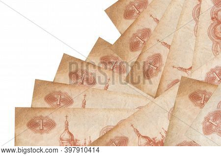 1 Ukrainian Coupon Bills Lies In Different Order Isolated On White. Local Banking Or Money Making Co