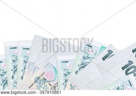 100 Czech Korun Bills Lies On Bottom Side Of Screen Isolated On White Background With Copy Space. Ba