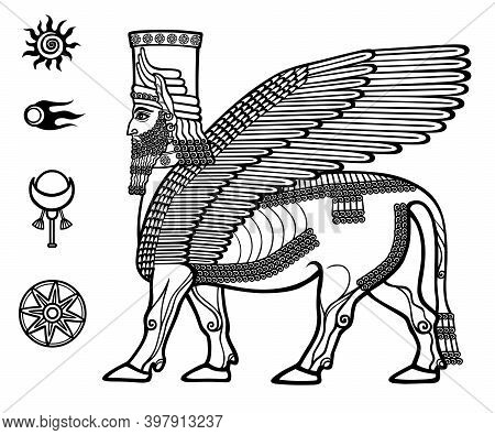 Image Of The Assyrian Mythical Deity Shedu: A Winged Bull With The Head Of The Person. Character Of 