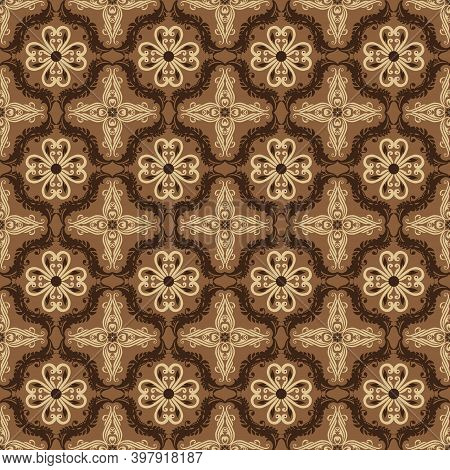 Elegant Flower Patterns On Java Batik With Blend Brown And Yellow Color.