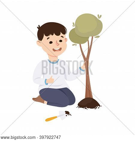 Obedient Boy With Good Breeding Planting Tree In Soil Vector Illustration