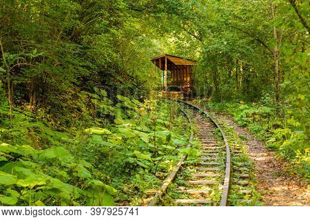 Abandoned Railway In Autumn Mountain Forest With Foliar Trees In Caucasus, Mezmay.
