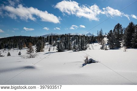View Of Ulagan Highlands In Altay Mountains In The Winter, Siberia, Russia