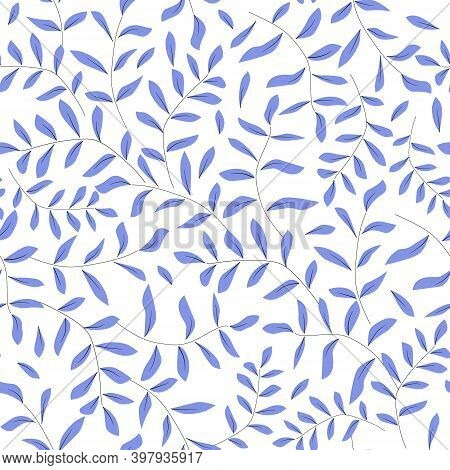 Delicate Blue Branches And Leaves Silhouette Seamless Pattern. Hand Drawn Background For Wrapping Sc