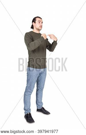 Full Length Portrait Of Amazed And Perplexed Man Pointing Index Fingers To Himself, Looking Confused