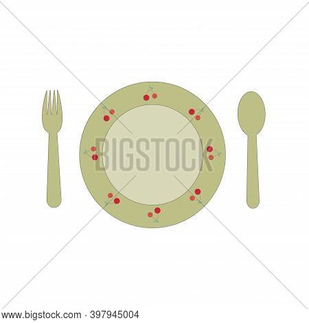 Round Flat Plate With A Pattern With A Spoon And Fork On A White Background.