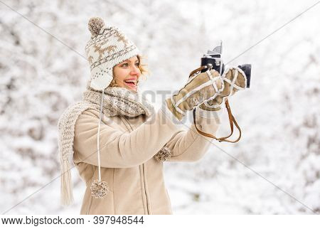 Holidays Concept. Capturing Winter. Take Stunning Winter Photos. Winter Hobby. Woman Photographer. I