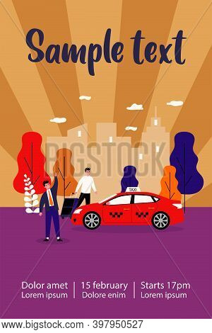 Happy Businessman Taking Taxy. Luggage, Cab, Transport To Airport Flat Vector Illustration. City Tra
