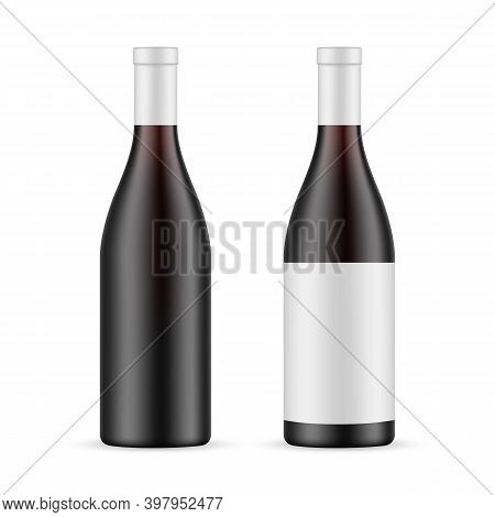 Dark Glass Wine Bottle With Label And Blank Mockup Isolated On White Background. Vector Illustration