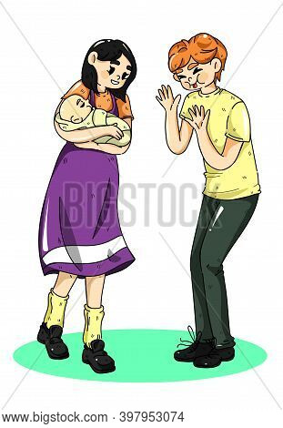 Mother Holds The Baby In Her Arms. Father Makes Him Laugh. Color Flat Cartoon Vector Illustration Is
